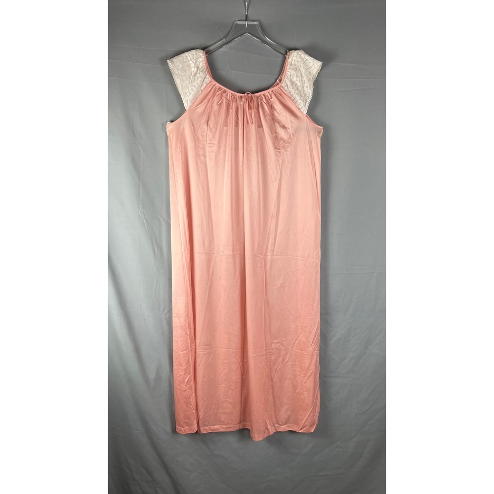 Vintage Komar Nightgown Womens Medium Coral Pink Nylon Floral Lace Cap Sleeve